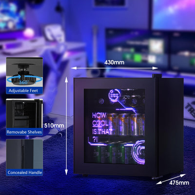 HCK 48L Mini Kühlschrank mit Glastür Leise 39dB, Cyberpunk Getränkekühlschrank mit Fernsteuerbaren RGB LED Lichtern, Flaschenkühlschrank, Mini Fridge 0-15°C für Gaming Deko, Minibar, Schwarz