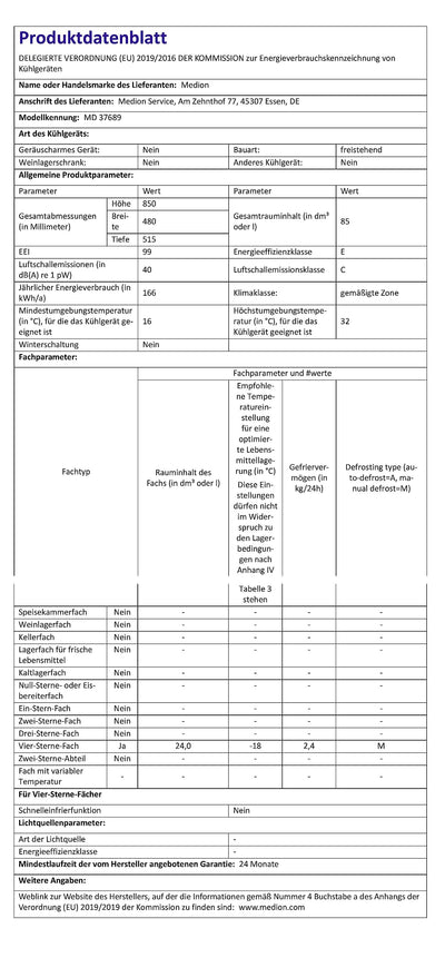 MEDION Mini Kühl-Gefrierkombination (85 Liter, 61L Kühlteil, 24L Gefrierteil, freistehend, 40 dB, transparente Gemüseschublade, Türanschlag wechselbar, MD 37689) weiß