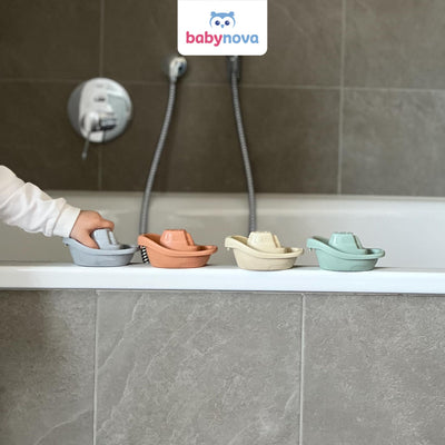 babynova Badeboote – Pädagogisches Baby- und Kleinkindspielzeug – Ab 3 Monaten – 4-teiliges Set – Entwicklung von Motorik und Koordination – Geeignet für Badewanne und Sandkasten – BPA-frei