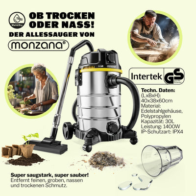 Monzana® Nass Trockensauger 5in1 Industriestaubsauger 2400W 30L Edelstahl Steckdose Nasssauger mit Blasfunktion Laub Push&Clean Waschsauger Beutellos