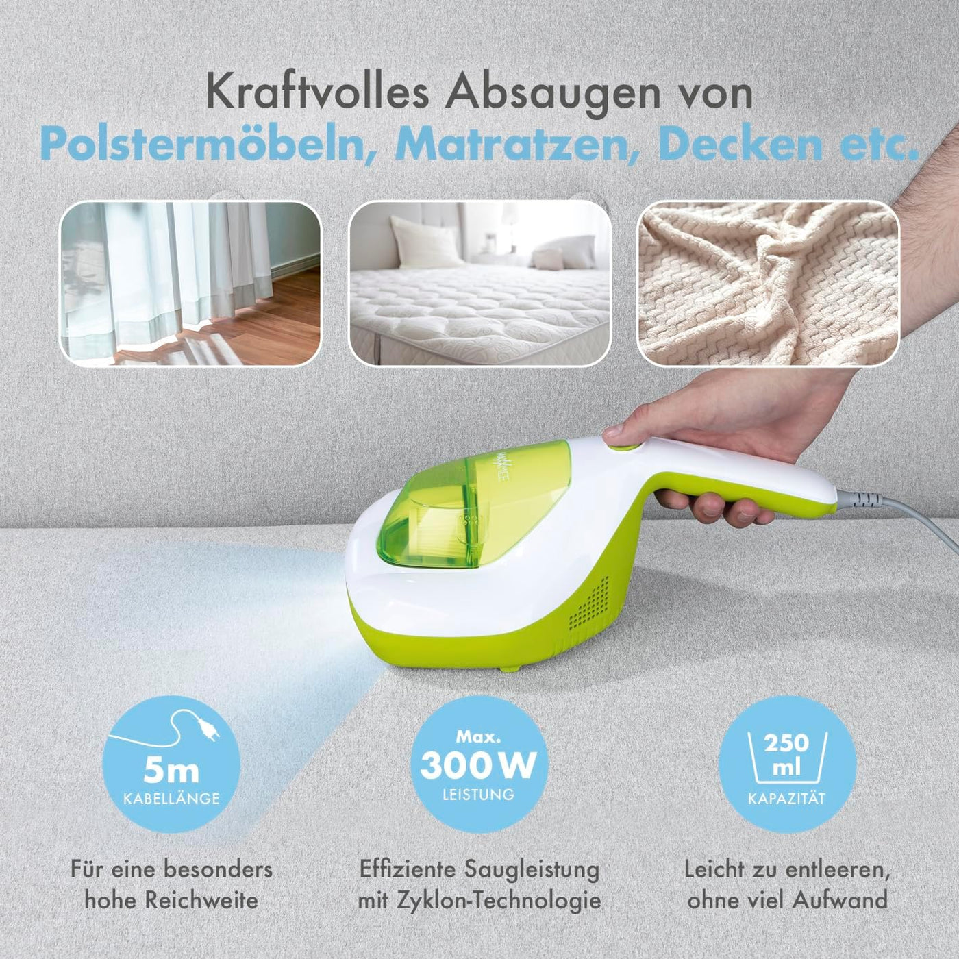 MAXXMEE Milben-Handstaubsauger inkl. Anti-Milben Spray | Antimilben-Sauger mit UV-C Licht, vernichtet 99,9% der Milben | Matratzensauger inkl. HEPA Filter und 250ml Staubbehälter [Limonengrün]
