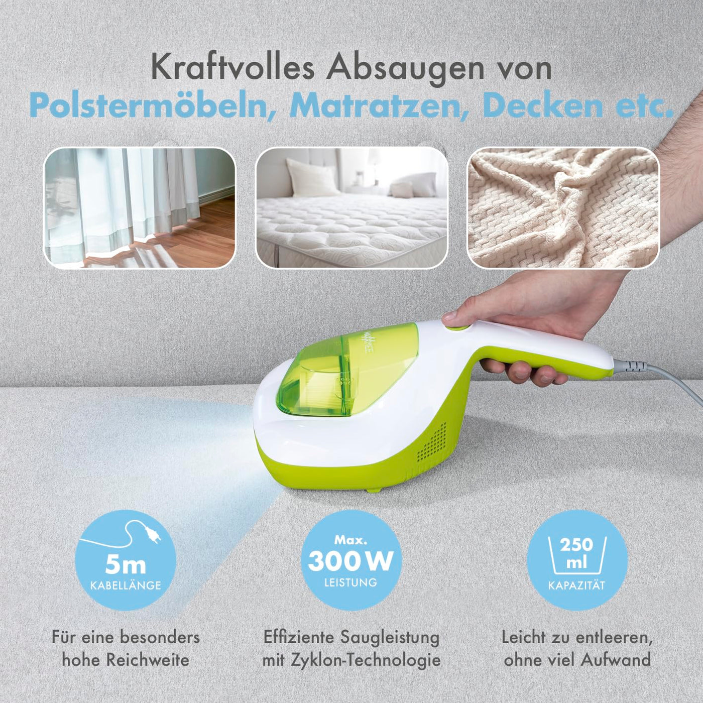 MAXXMEE Milben-Handstaubsauger inkl. Anti-Milben Spray | Antimilben-Sauger mit UV-C Licht, vernichtet 99,9% der Milben | Matratzensauger inkl. HEPA Filter und 250ml Staubbehälter [Limonengrün]