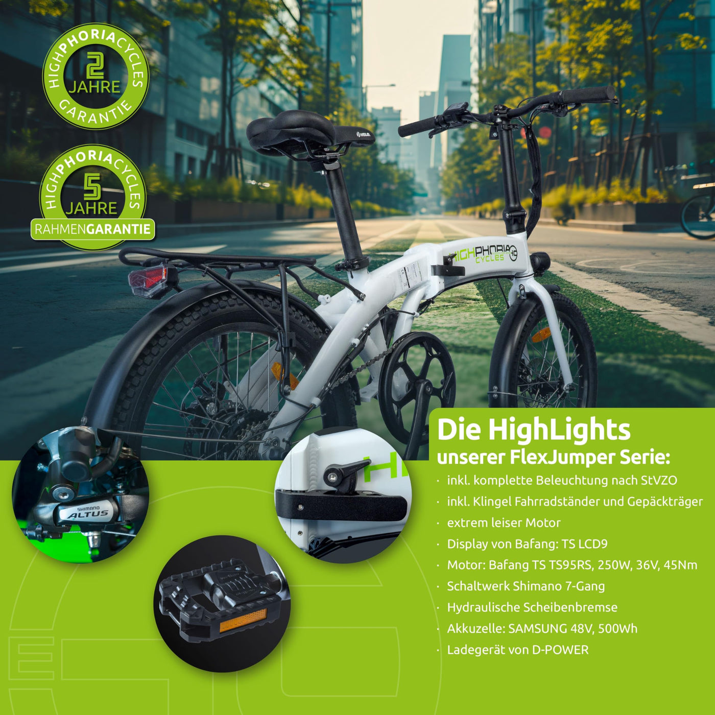 Highphoria E Bike Klapprad Elektrofahrräder 20 Zoll, Klappfahrrad Erwachsene mit 36V 10,5Ah 378Wh Batterie, 250W Motor, 7-Gang Elektrofahrrad 25km/h, 100km Reichweite(Schwarz/Grün)