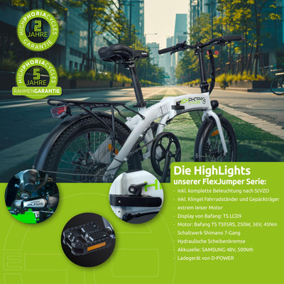 Highphoria E Bike Klapprad Elektrofahrräder 20 Zoll, Klappfahrrad Erwachsene mit 36V 10,5Ah 378Wh Batterie, 250W Motor, 7-Gang Elektrofahrrad 25km/h, 100km Reichweite(Schwarz/Grün)