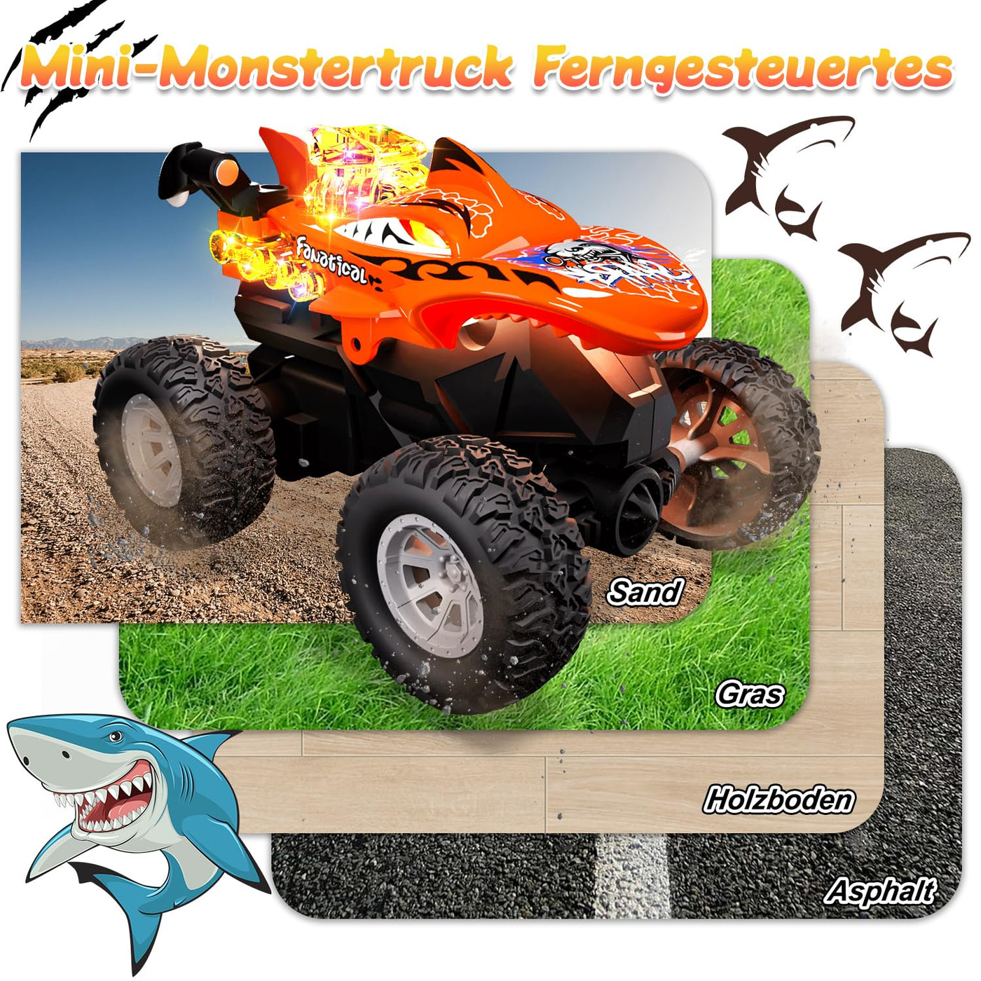 Mini Monstertruck Ferngesteuert, Hai Monster Truck mit Metallgehäuse & Licht, 2.4GHZ Ferngesteuerter Monstertruck mit 360°Drehung, USB-Type-C-Aufladung, 1/64 Ferngesteuertes Auto ab 3 4 5 6 7 8 Jahre