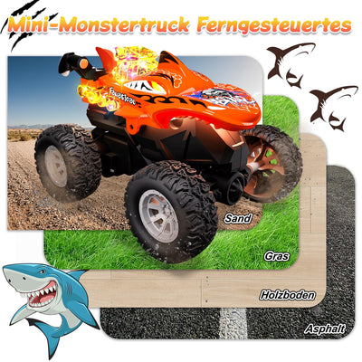 Mini Monstertruck Ferngesteuert, Hai Monster Truck mit Metallgehäuse & Licht, 2.4GHZ Ferngesteuerter Monstertruck mit 360°Drehung, USB-Type-C-Aufladung, 1/64 Ferngesteuertes Auto ab 3 4 5 6 7 8 Jahre