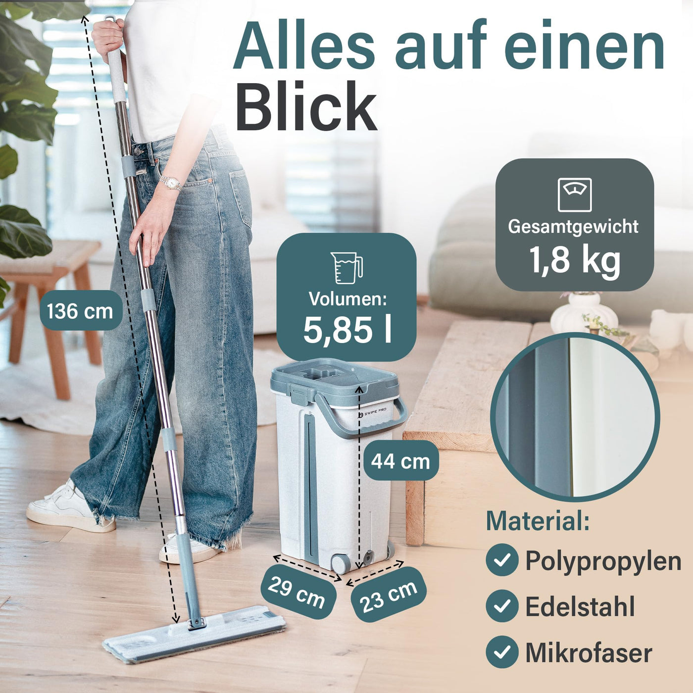 SWIPE PRO Wischmopp Set mit Eimer [ROLLENFUNKTION] - 2 Kammer-System - ABFLUSSVENTILE - einfache Auswringfunktion - 2 Stück waschbare Microfaserpads - für Jede Bodenart - Jetzt Bilder ansehen!