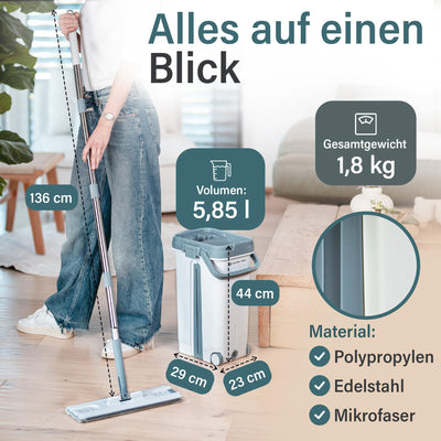 SWIPE PRO Wischmopp Set mit Eimer [ROLLENFUNKTION] - 2 Kammer-System - ABFLUSSVENTILE - einfache Auswringfunktion - 2 Stück waschbare Microfaserpads - für Jede Bodenart - Jetzt Bilder ansehen!