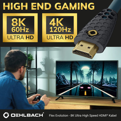 OEHLBACH Flex Evolution - Ultra High-Speed HDMI-Kabel, patentierter Knickschutz, 8K UHD 60Hz 4320p, 4K 120Hz, 2160p - 48Gbit/s, 21:9 Cinema, 3D, Dolby Vision, Dynamic HDR 10+, VRR, eARC, 3,00 Meter