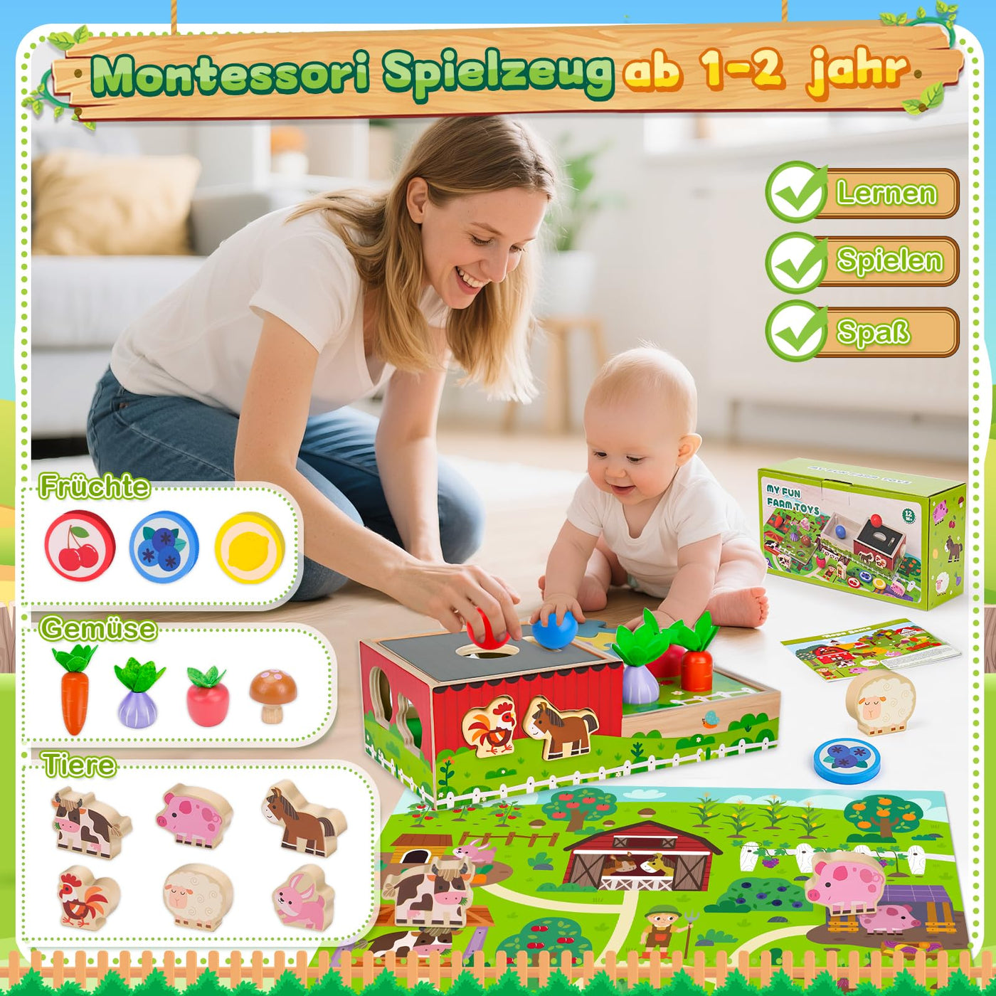 Montessori Spielzeug ab 1 2 Jahr: Geschenk Junge Mädchen 1-2 Jahre Kinderspielzeug Motorikwürfel Holzspielzeug Farmspiel mit Karte Karotten Steckspiel Lernspiel Kleinkinder ab 12 Monate Activity Spiel