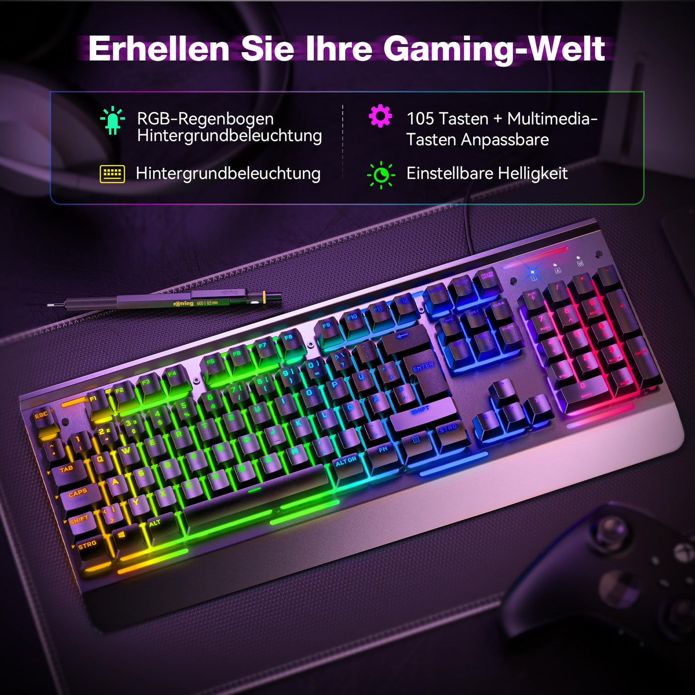 TECKNET RGB Gaming Tastatur für PC, Membran Tastatur mit 105 Tasten, Vollmetall-Pane, Handgelenkauflage,15-Zonen RGB Beleuchtung, 25 Anti-Ghosting-Tasten, Computer Keyboard, Deutsches Layout(QWERTZ)