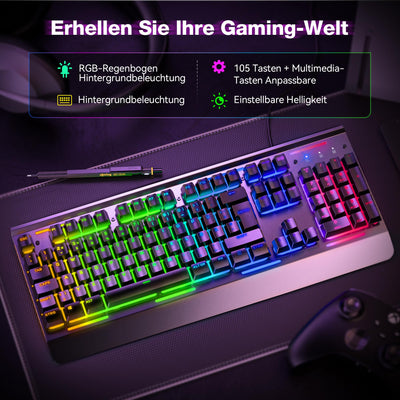 TECKNET RGB Gaming Tastatur für PC, Membran Tastatur mit 105 Tasten, Vollmetall-Pane, Handgelenkauflage,15-Zonen RGB Beleuchtung, 25 Anti-Ghosting-Tasten, Computer Keyboard, Deutsches Layout(QWERTZ)