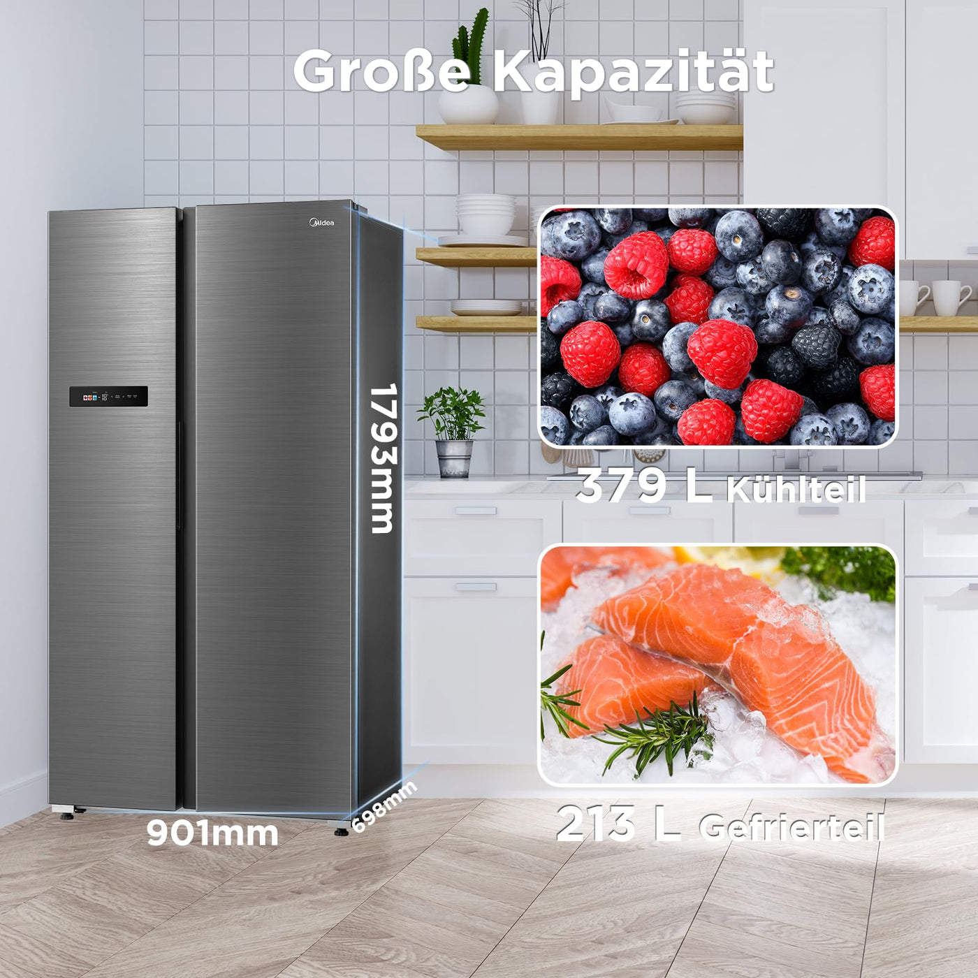 Midea MDRS791MYA46 Side-by-Side Kühl-/Gefrierkombination/No Frost/Inverter Compressor/176,5 cm hoch/379 L Kühlen/213 L Gefrieren/Doppelte Steuerung/SuperCool/LED-Beleuchtung/35dB/Rostfreier Stahl