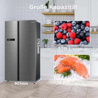Midea MDRS791MYA46 Side-by-Side Kühl-/Gefrierkombination/No Frost/Inverter Compressor/176,5 cm hoch/379 L Kühlen/213 L Gefrieren/Doppelte Steuerung/SuperCool/LED-Beleuchtung/35dB/Rostfreier Stahl