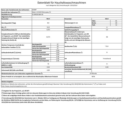 Sharp ES-BRO814BA-DE Waschmaschine Frontlader / A / 8 kg / 1400 U/min / Adanced Inverter Motor / 15 Programme inkl. 15 min Kurzprogramm und Dampffunktion / AquaStop / Schwarz