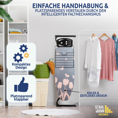 STAHLMANN ® großes Bügelbrett [120x42 Bügelfläche] mit Kleidungsplatte – robuster Bügeltisch – extra stabiles Bügelbrett [Made IN EU] – Tischbügelbrett
