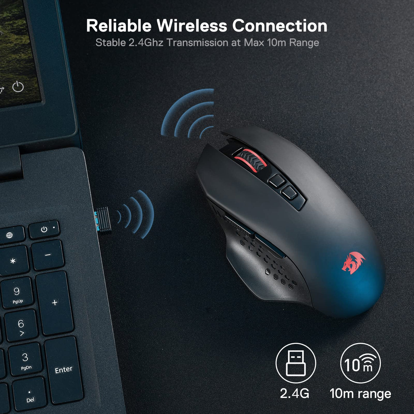 Redragon M656 Gainer Kabellose Gaming Maus, 4000 DPI 2.4Ghz Maus mit 5 DPI Stufen, 7 Makrotasten, rote LED Hintergrundbeleuchtung & Pro Software/Laufwerk unterstützt, für PC/Mac/Laptop