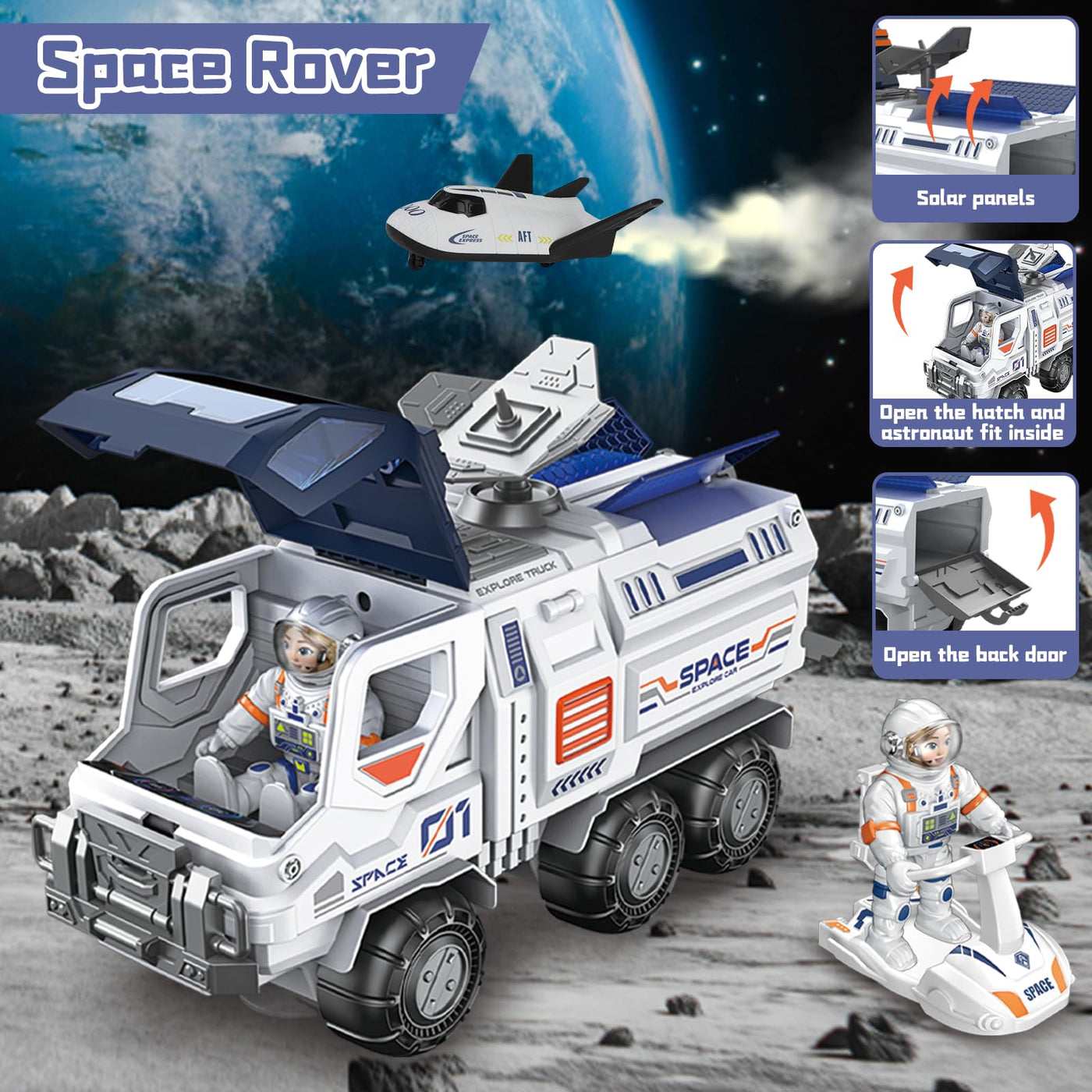 deAO Space Shuttle Rakete Spielzeug mit Licht & Sound, Rauchfunktionen, 5 In1 STEM Wissenschaft Lernspielzeug Projektionslampe Weltraumspielzeug, mit 4 Astronauten, Geschenk für 4 - 9 Junge Mädchen