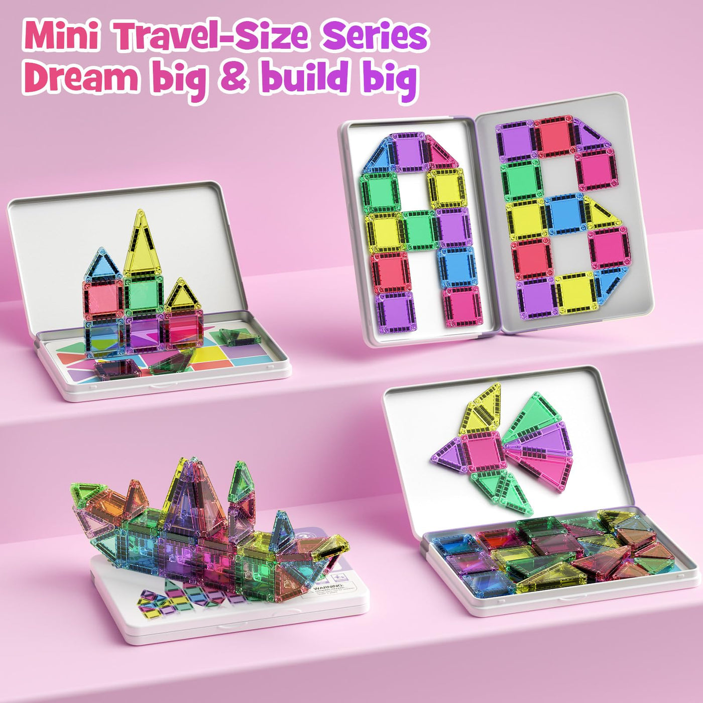 Magnetische Fliesen, 40-teilige Reise Magnetische Bausteine Set, MINI Magnet Fliesen Bauspielzeug mit Ironbox für Alter 3 + Jungen Mädchen, On-The-go Play STEM Montessori Magnetische Spielzeug