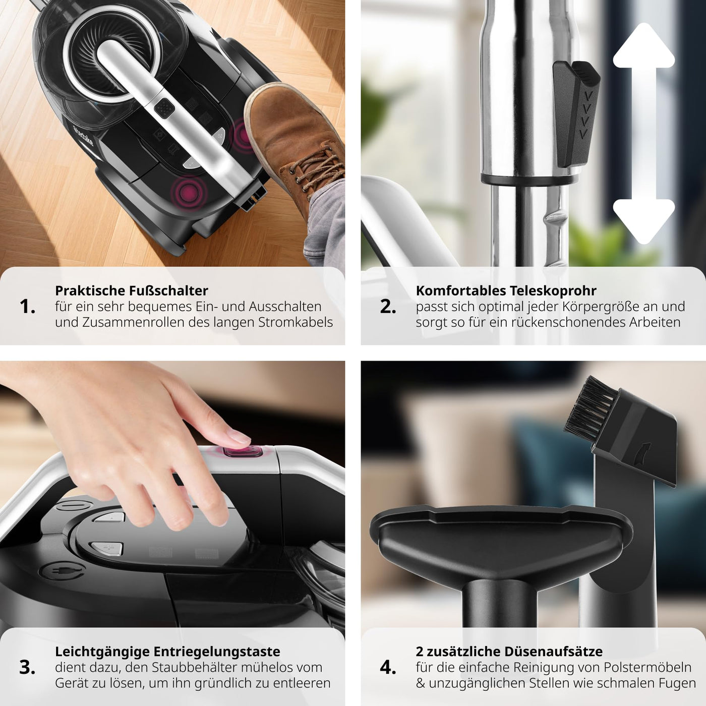tectake® Staubsauger beutellos, VC900, 900 W, stark, beutelloser Bodenstaubsauger mit Kabel, für Tierhaare, Easy clean ohne Beutel für Teppichboden und Hartboden