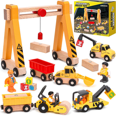 Baufahrzeuge Baustelle Kinder Geschenke Jungen 2 3 4 5 Jahre Holz Magnetisch Fahrzeug Spielzeug mit Portalkran, Bagger, Kranwagen, Straßenroller, Abschleppfahrzeug, Holzspielzeug Geschenkideen Jungen