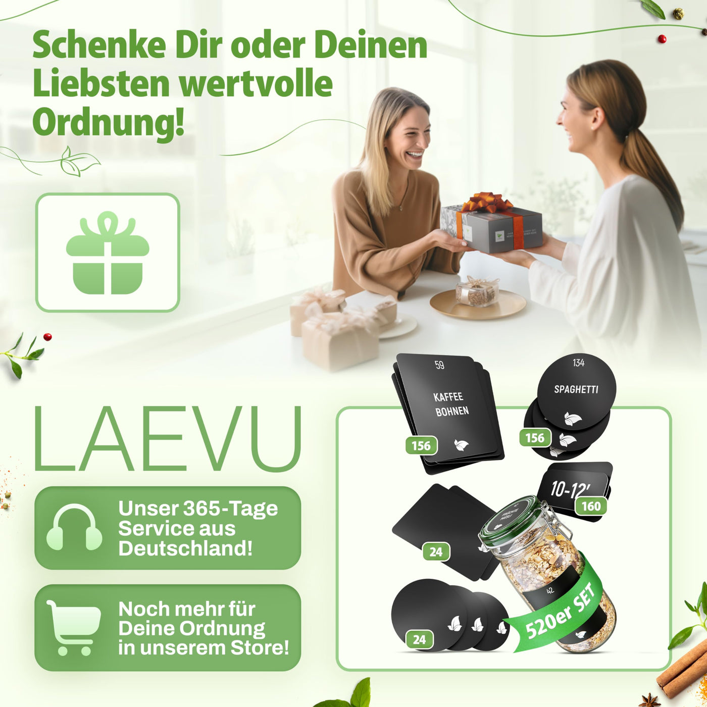 LAEVU Gewürzgläser Set Eckig | 24 Stk. 120ml - 10,7 x 4,5 cm | mit 350 Gewürzetiketten, 48 Streueinsätze, 1 Kreidestift zum Beschriften und noch mehr | 24