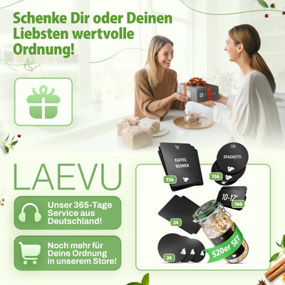 LAEVU Gewürzgläser Set Eckig | 24 Stk. 120ml - 10,7 x 4,5 cm | mit 350 Gewürzetiketten, 48 Streueinsätze, 1 Kreidestift zum Beschriften und noch mehr | 24