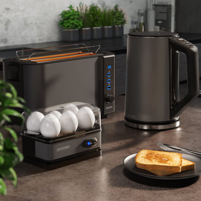 Arendo - Eierkocher Edelstahl mit Warmhaltefunktion - Kipp-Funktionsschalter mit Indikationsleuchte - frei wählbarer Härtegrad - rostfreier gebürsteter Edelstahl - BPA-frei - in Cool Grey