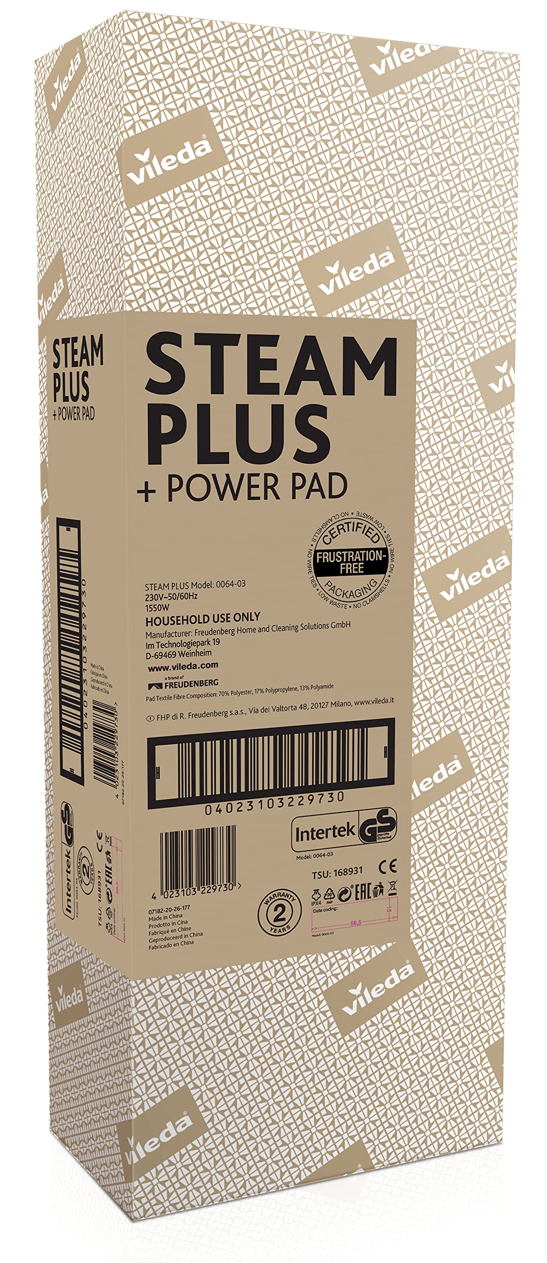 Vileda Steam Plus Dampfreiniger mit PowerPad, zusätzl. 2 Mikrofaser-Ersatzpads, entfernt bis zu 99,9% der Bakterien und Viren, für alle Böden, ideal für Teppiche, Eco-Verpackung