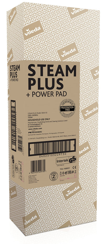 Vileda Steam Plus Dampfreiniger mit PowerPad, zusätzl. 2 Mikrofaser-Ersatzpads, entfernt bis zu 99,9% der Bakterien und Viren, für alle Böden, ideal für Teppiche, Eco-Verpackung