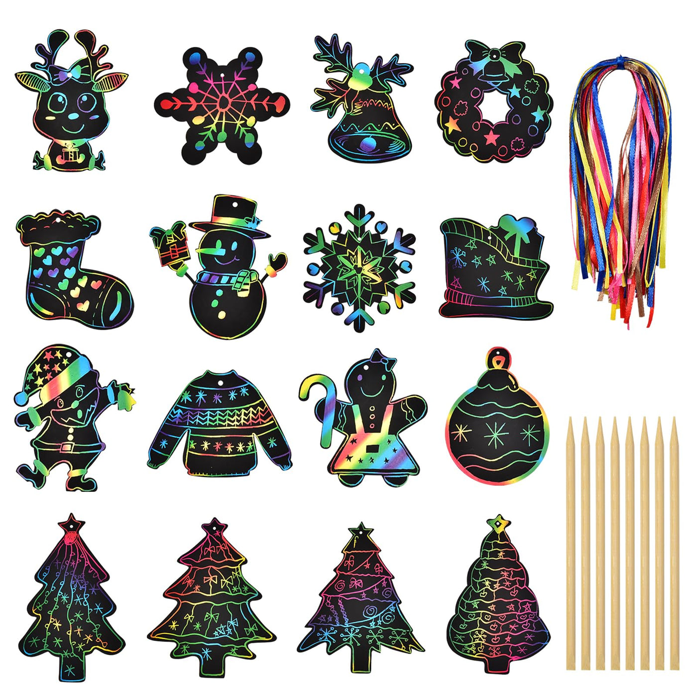 48 Stück Weihnachten Kratzbilder für Kinder, Regenbogen Scratch Art Set Kratzpapier zum Basteln, Scratch Paper mit 8 Holzstiften 48 Bändern Für Weihnachtsdeko, Adventskalender Füllung Für Kinder