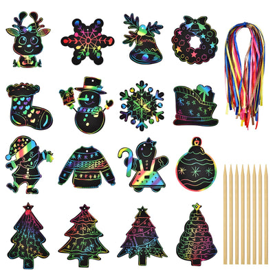 48 Stück Weihnachten Kratzbilder für Kinder, Regenbogen Scratch Art Set Kratzpapier zum Basteln, Scratch Paper mit 8 Holzstiften 48 Bändern Für Weihnachtsdeko, Adventskalender Füllung Für Kinder