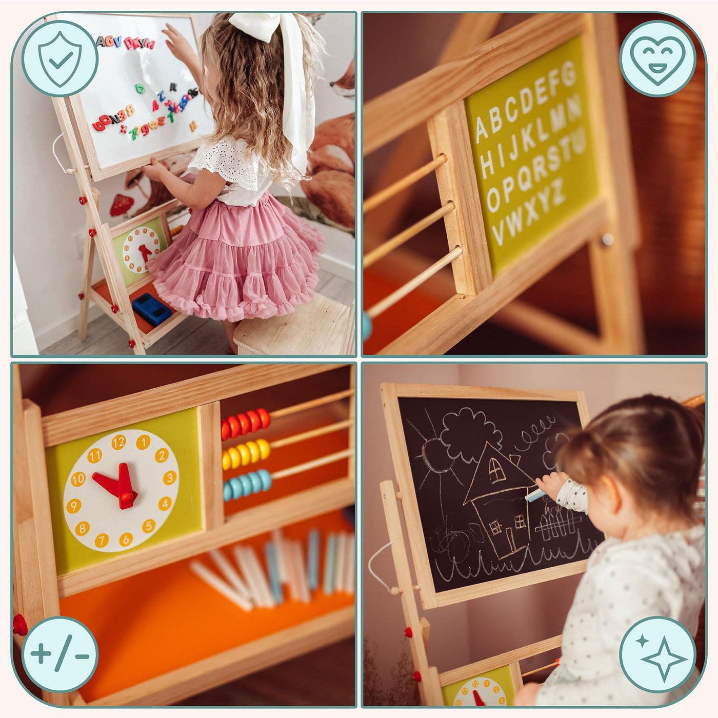 Mamabrum, Spieltafel aus Holz, doppelseitige Kindertafel Magnetisch und Kreide Kindertafel, Doppelseitiges, Zeichenbrett Kinder Tafel, Spieltafel mit Aufbewahrungsregal und Zubehör