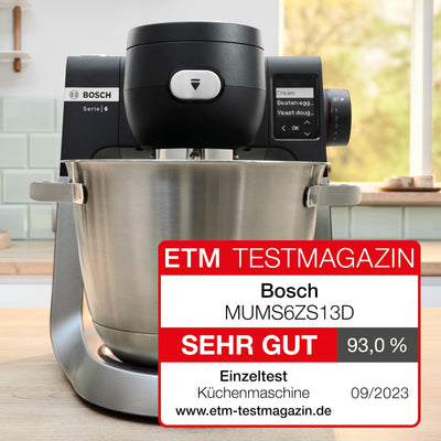 Bosch Küchenmaschine Serie 6 MUMS6ZS13D, NEU, Automatikprogramme, integr.1g Waage, 5,5l Schüssel, Durchlaufschnitzler, Scheiben, Knethaken/Rührbesen/Silikonbesen, spülm.fest, 1.600 W, silber/schwarz