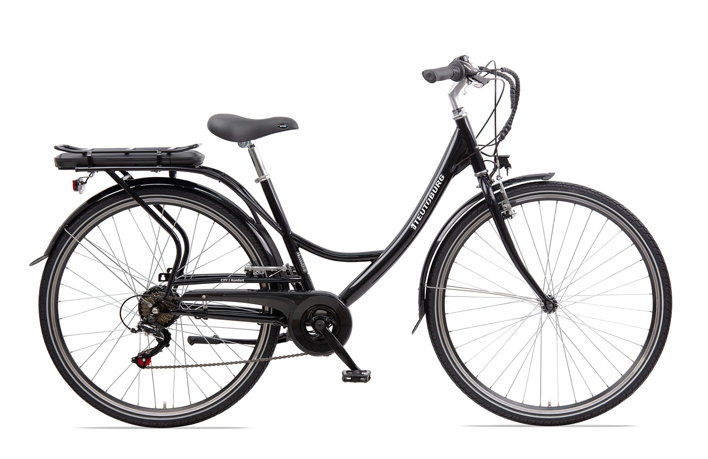 Teutoburg Senne Fahrrad Pedelec Citybike Elektrofahrrad schwarz, E-Bike 28 Zoll, 10,4 Ah/36V Lithium Ionen Akku, 7-Gang Kettenschaltung, inkl. Panzerkabelschloss