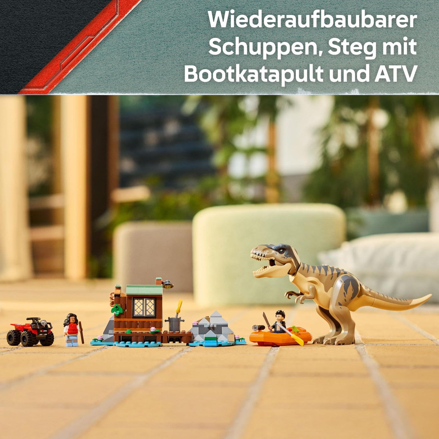 LEGO Jurassic World Flucht vor dem T.Rex – Interaktives Spielzeug mit Dinosaurier-Figur, Boot, ATV und 2 Minifiguren – Geschenk für Jungen und Mädchen ab 5 Jahren – 76975