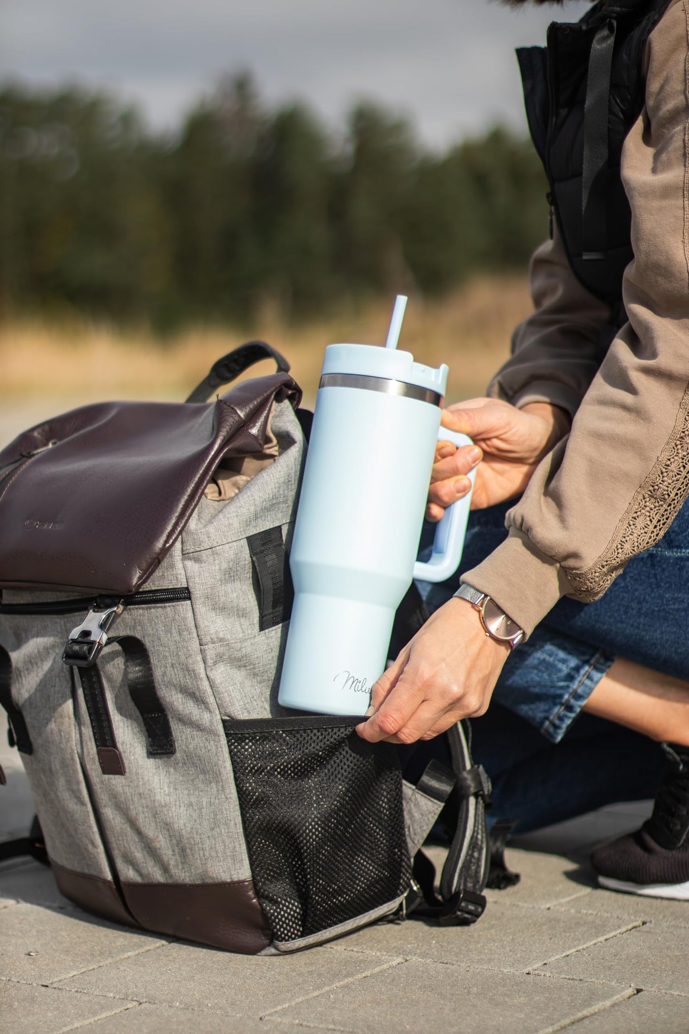 Milu Thermobecher 1200ml mit Strohhalm und Henkel 48h Eis/ 24h kalt/12h heiß Edelstahl Tumbler 40oz mit Griff Isolierbecher to go Isolierflasche Trinkflasche doppelwandig isoliert (Morning Blue, 1,2L)