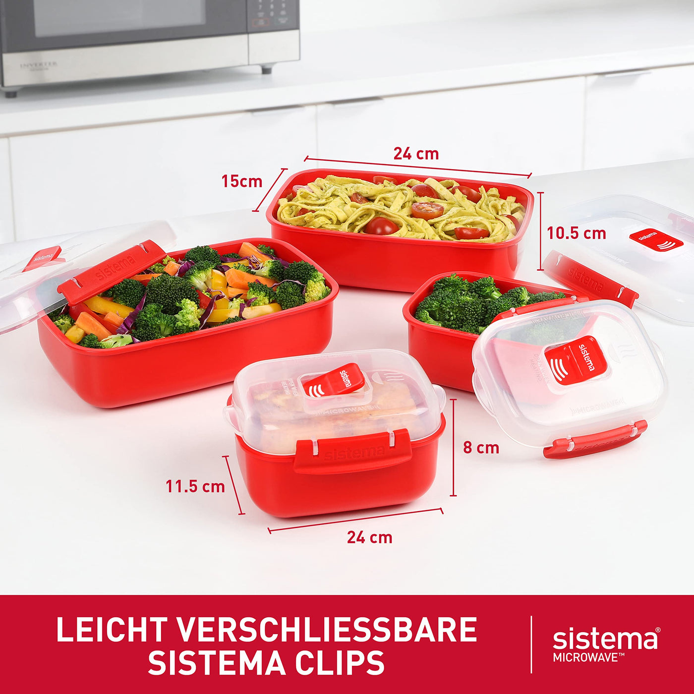 Sistema Microwave-Heat & Eat Frischhaltedosen Set | 4 rechteckige Mikrowellen-Vorratsdosen mit Deckeln (2 x 1,25 l + 2 x 525 ml) | verschließbare Clips und Belüftungsventile | BPA-frei [82005]