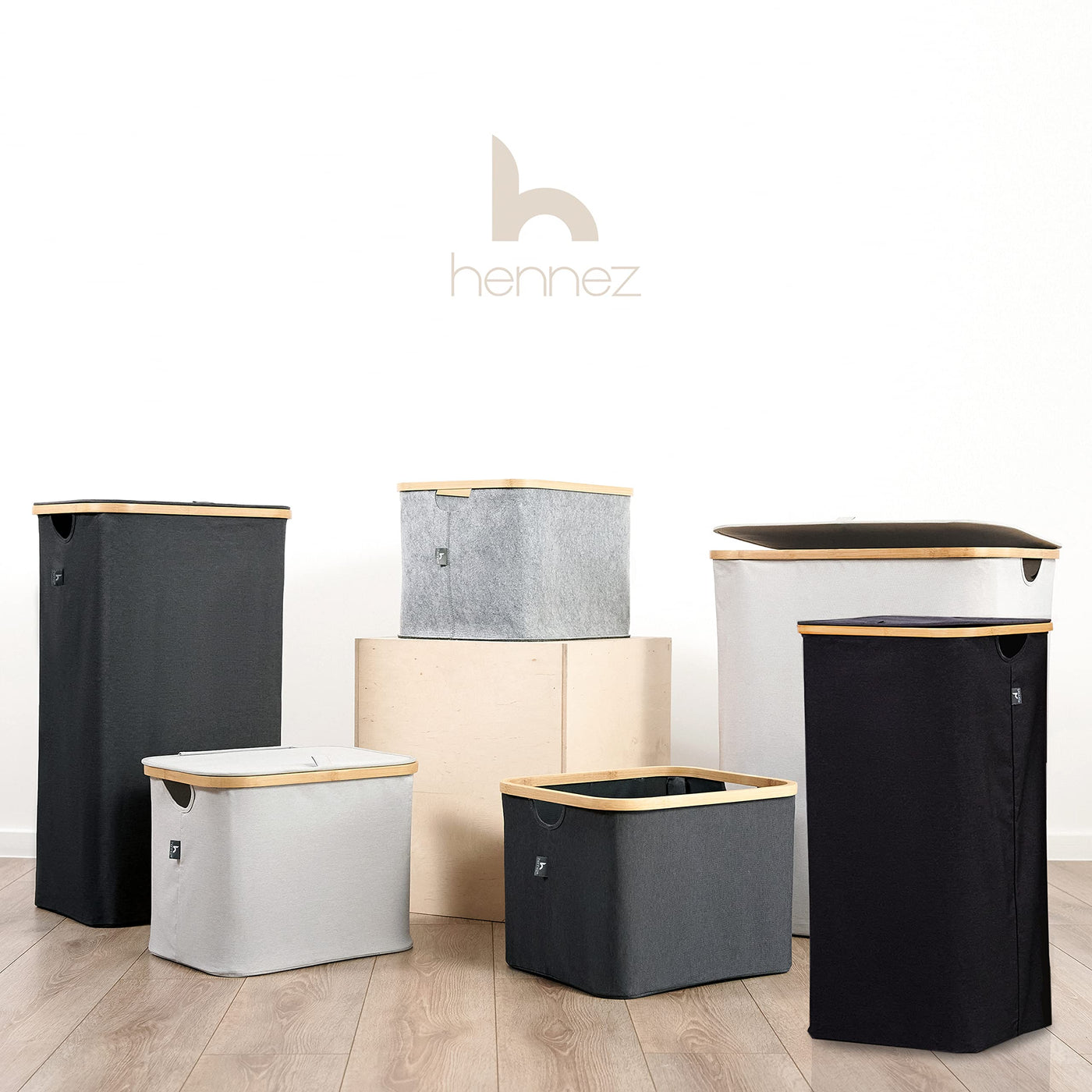 HENNEZ Wäschekorb mit Deckel – Wäschekorb mit Griff aus Bambus – Wäschekorb, faltbar, 100 l – Wäschekorb für Waschküche, Wäschekorb, Schwarz