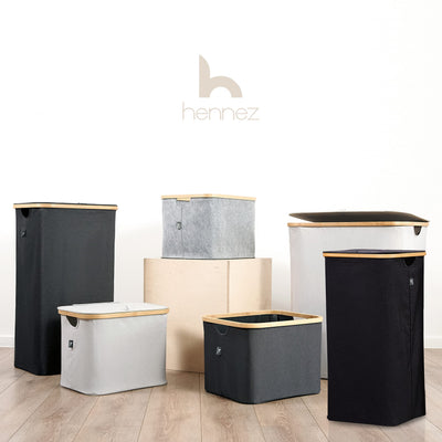 HENNEZ Wäschekorb mit Deckel – Wäschekorb mit Griff aus Bambus – Wäschekorb, faltbar, 100 l – Wäschekorb für Waschküche, Wäschekorb, Schwarz