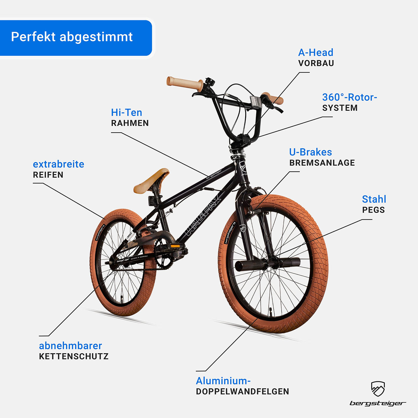 Bergsteiger Halifax 20 Zoll BMX, Fatbike, 360° Rotor-System, Freestyle, 2 Stahl Pegs, Kettenschutz, Freilauf