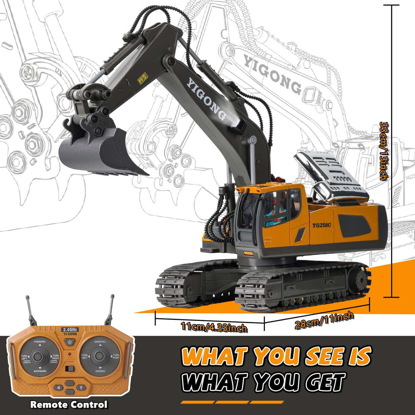 maysida Ferngesteuerter Bagger Spielzeug mit Licht & Sound für Jungen 3-12 Jahre, 2,4 GHz RC Bagger mit Metallschaufel & 680°Drehung für Kinder, Jungen Geschenk für Geburtstag/Weihnachten