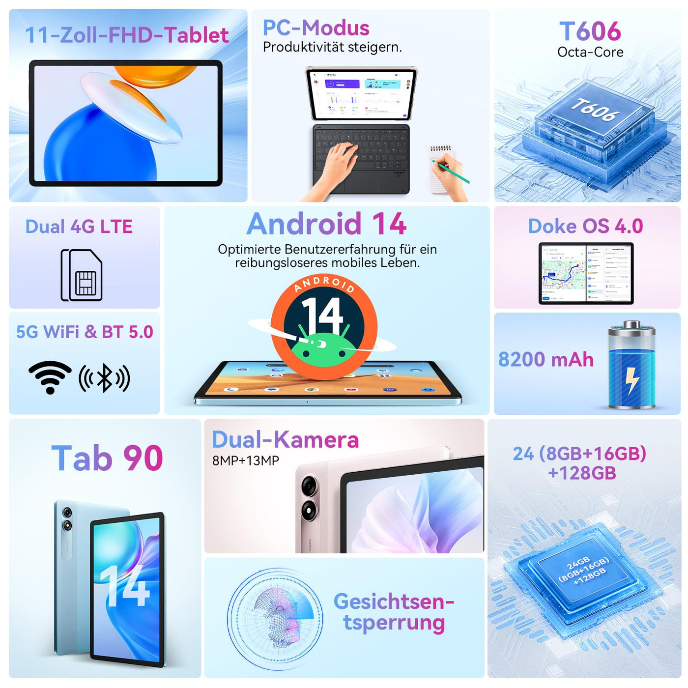 Blackview Tablet 11 Zoll Tab90 Android Gaming Tablet 4G LTE+5G WLAN 24GB(8+16) RAM 128GB ROM (2TB TF) 8200mAh 5MP+13MP Unisoc Tablets Octa-Core, Face ID/GMS/GPS/3.5MM Kopfhörerbuchse/BT5/Widevine L1