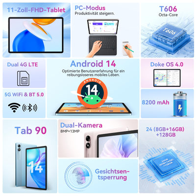 Blackview Tablet 11 Zoll Tab90 Android Gaming Tablet 4G LTE+5G WLAN 24GB(8+16) RAM 128GB ROM (2TB TF) 8200mAh 5MP+13MP Unisoc Tablets Octa-Core, Face ID/GMS/GPS/3.5MM Kopfhörerbuchse/BT5/Widevine L1