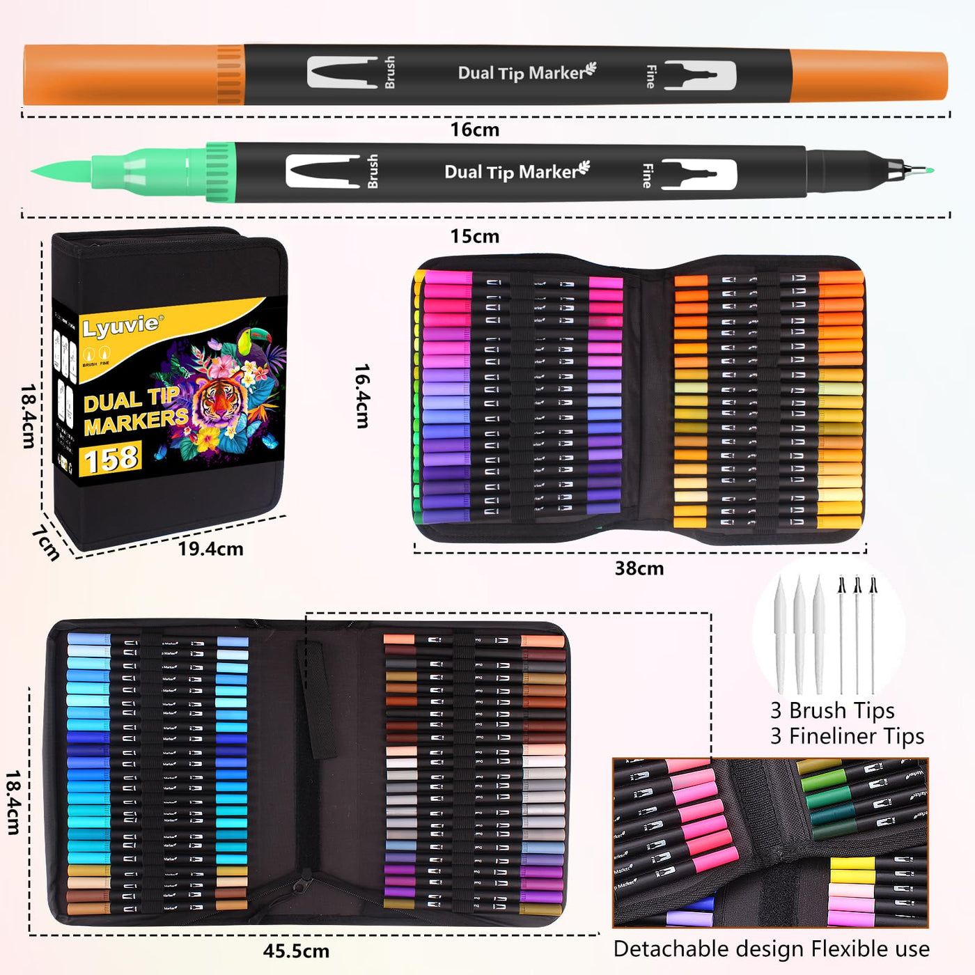 Lyuvie 158 Filzstifte Dual Brush Pen Set-Filzstifte Dicke und Dünne Pinselstifte Fineliner mit Schwarzem Etui,Marker & Filzstifte für Erwachsene Zeichnen Lettering Skizzieren Weihnachten
