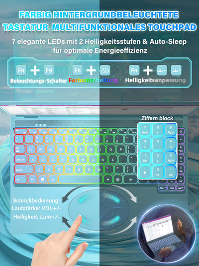 Fsjun 16" Laptop Notebook Blau, N95 bis 3,4 GHz, 16GB RAM 1TB SSD, 2.5K QHD IPS 2560×1600 Screen, 7-farbige beleuchtete Tastatur, Face Unlock, USB-C/HDMI/WiFi/BT, DE Tastaturschutz