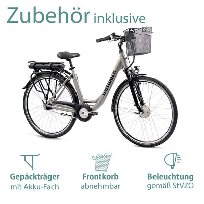 TRETWERK 28 Zoll E-Bike Damen Fahrrad Pedelec - Cloud Pro - Citybike Damenfahrrad mit Fahrradkorb und 7 Gang Nabenschaltung - 250W, 36V grau