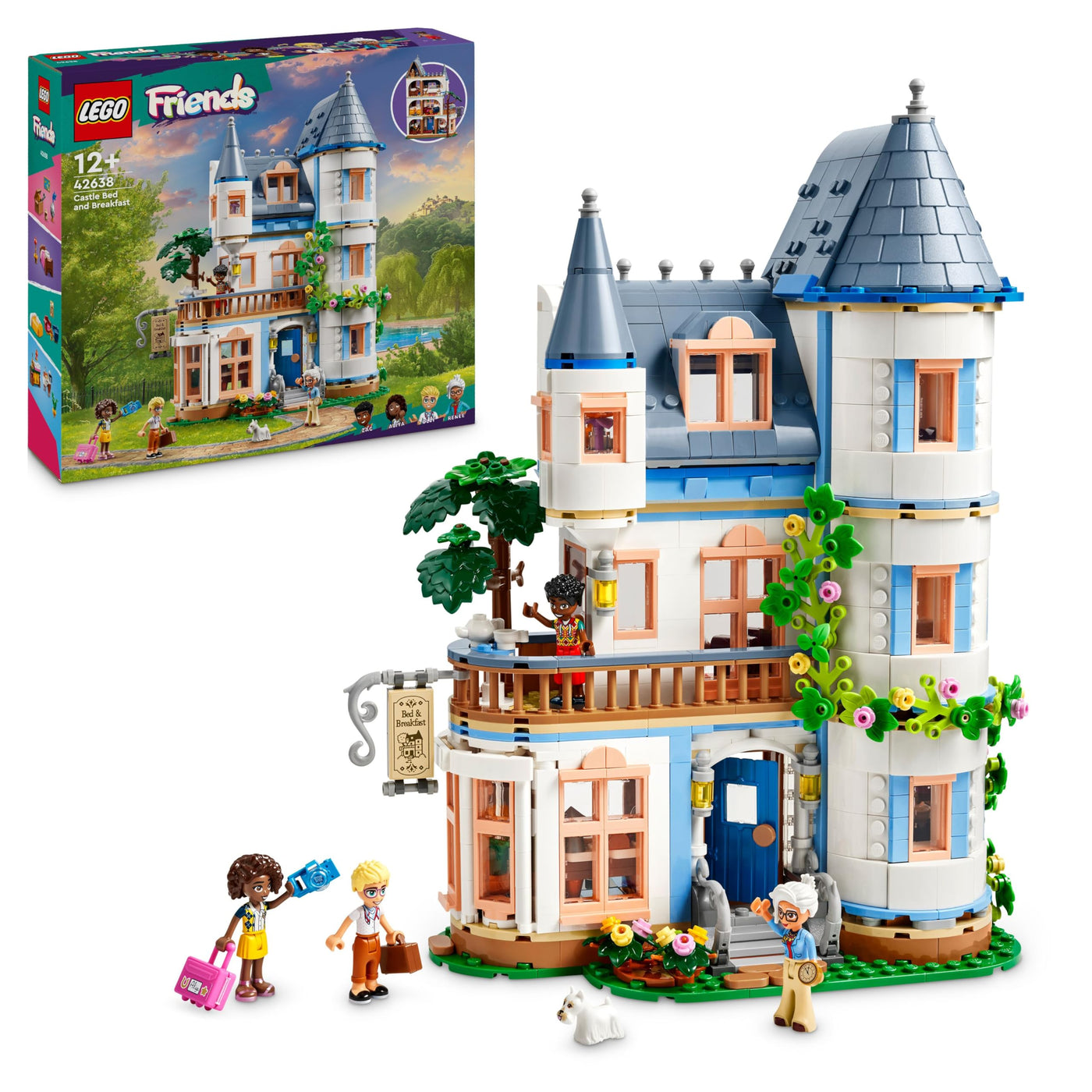 LEGO Friends Burg mit Ferienunterkunft, Hotel-Spielset für Kinder und Teenager ab 12 Jahren mit 4 Spielfiguren, Hund und Zubehör, Geschenkidee für Mädchen und Jungen 42638