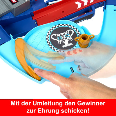 Mattel Disney und Pixar Cars Spielset mit 2 Spielzeugautos, Lightning McQueen und Francesco Bernoulli, GRC Sprung-Rennstrecke Trackset mit manuellem Beschleuniger, HXJ32