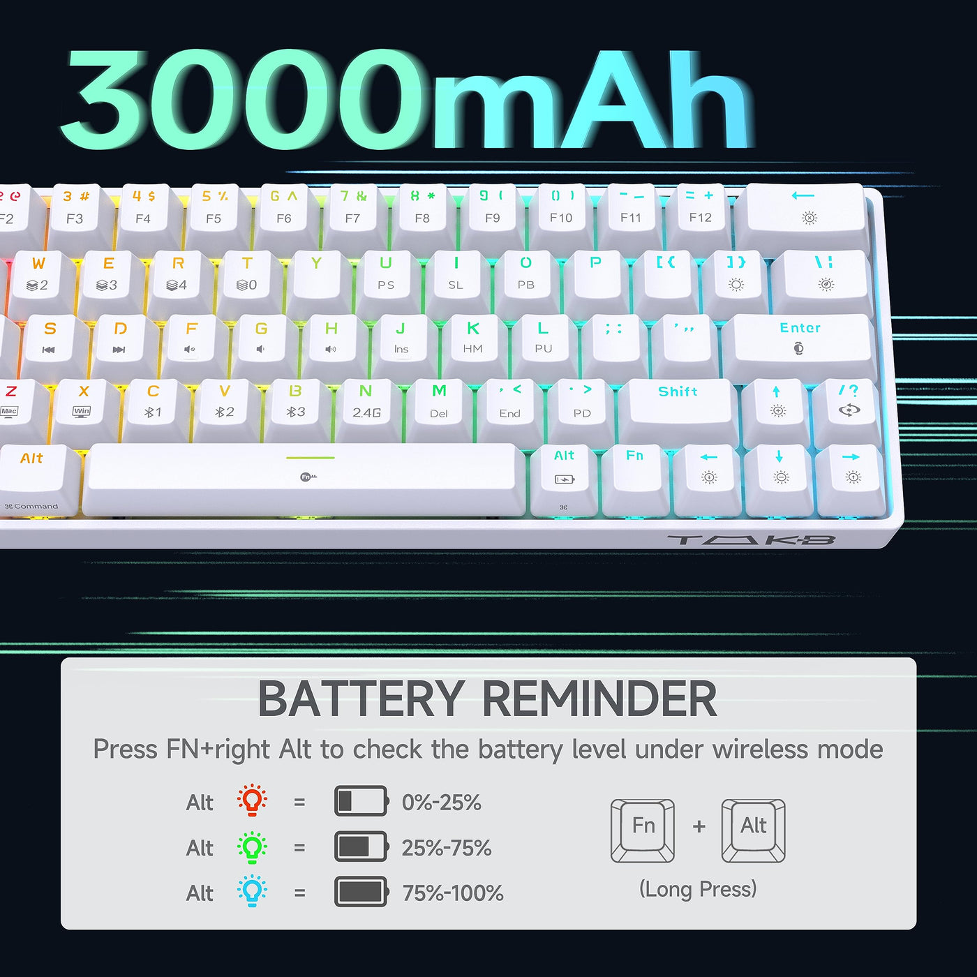 TMKB T63 Gaming Tastatur Mechanische Kabellos mit Blue Switch,Bluetooth / 2.4G / Mit Kabel,weiße